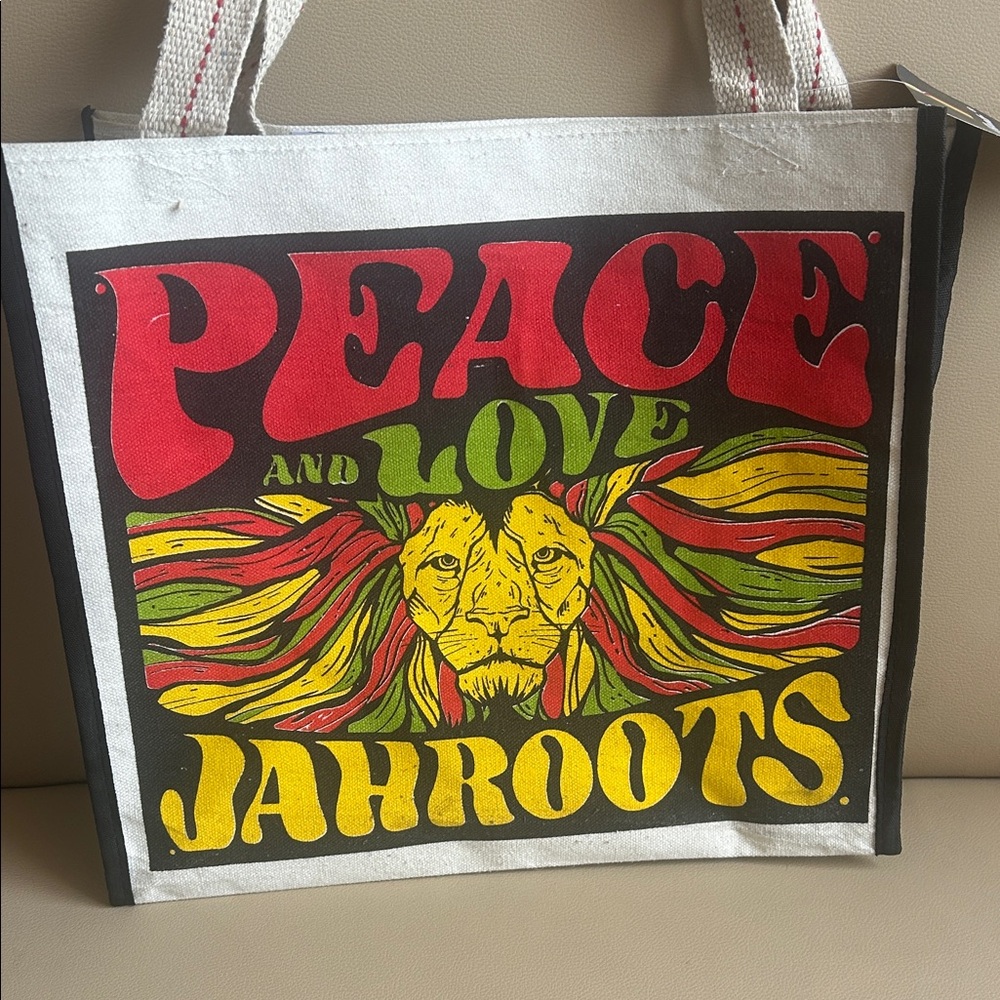 Roots White Canvas Tote with Red, Yellow and Green Peace & Love Graphic - Picture 2 of 6